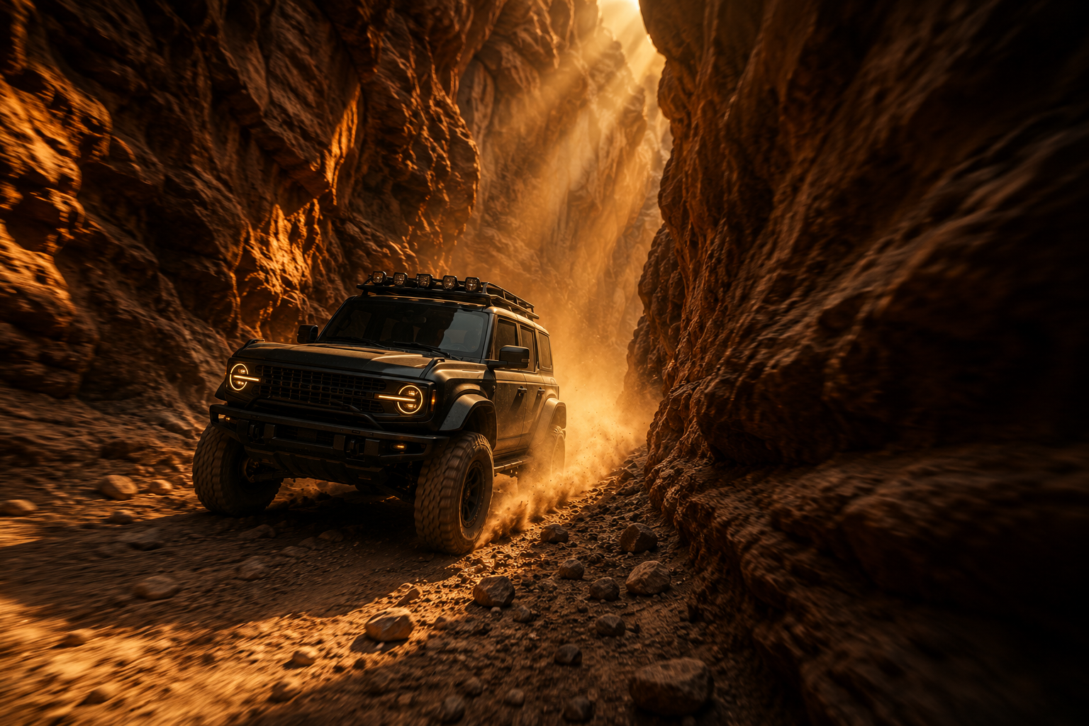 A Bronco kicking warm dust through a tight slot canyon at midday.