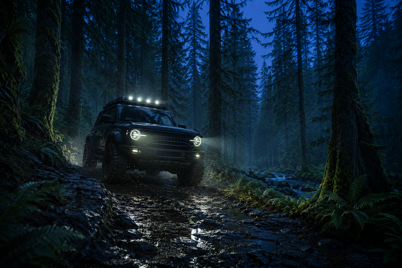 A Bronco with an auxiliary light bar plowing through a wet, mossy night forest in the Pacific Northwest.