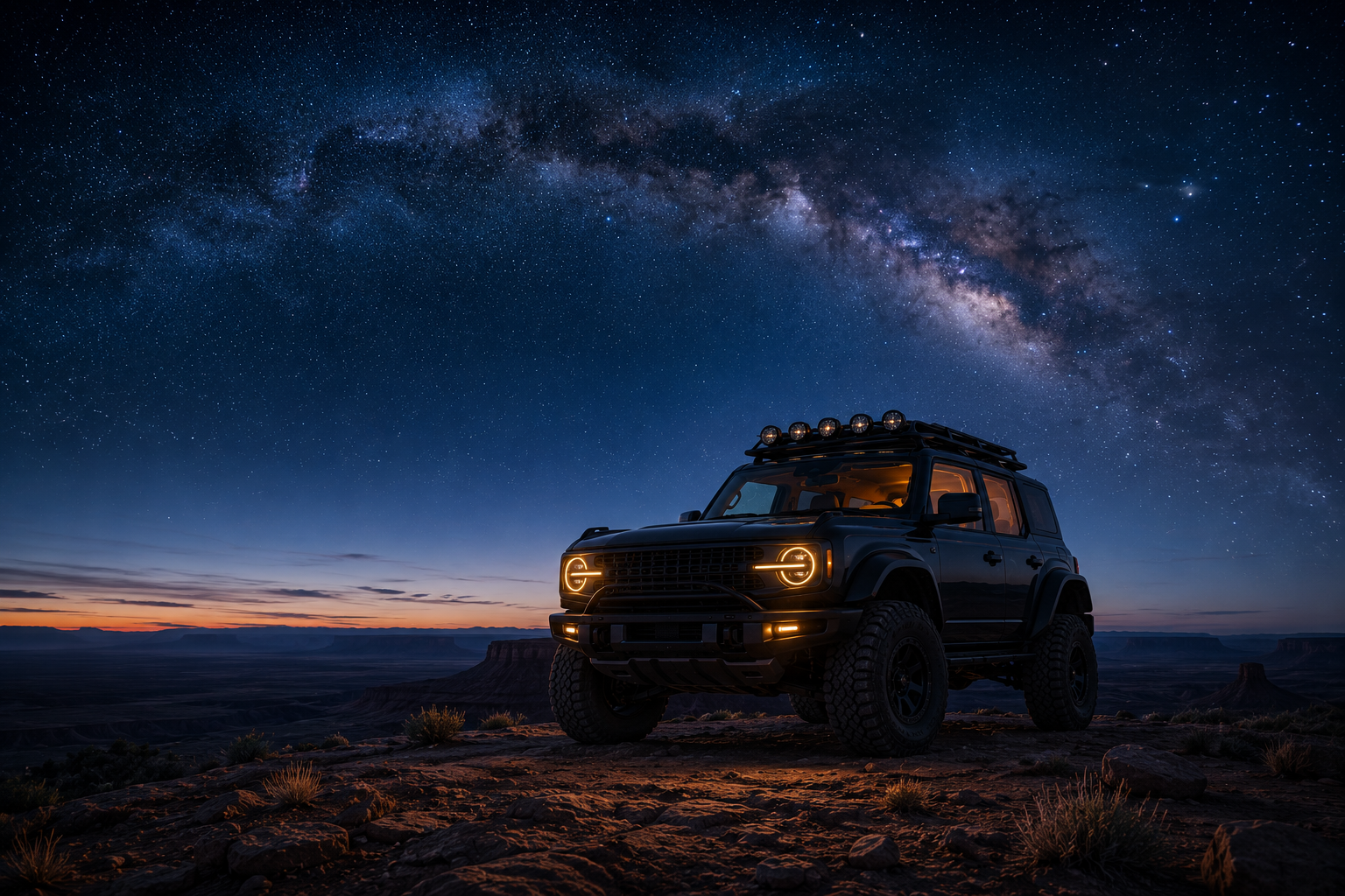 A Bronco silhouette on a mesa under the Milky Way galactic core.