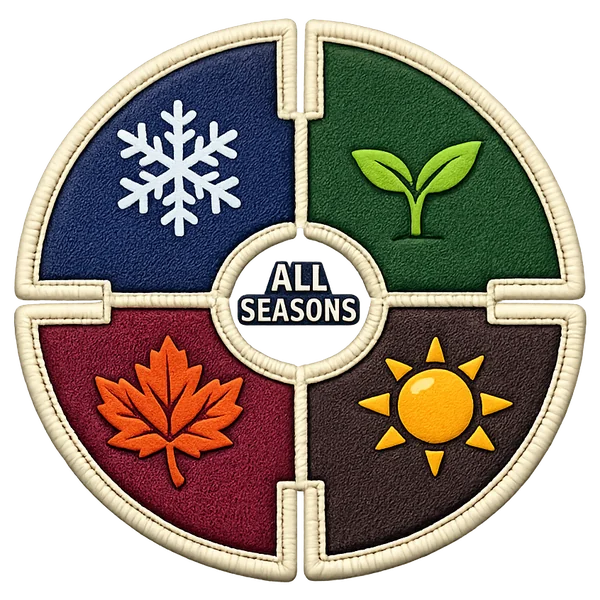 All Seasons patch — embroidered shield with seasonal quadrants