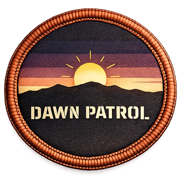 Dawn Patrol patch — embroidered patch with sunrise over ridge