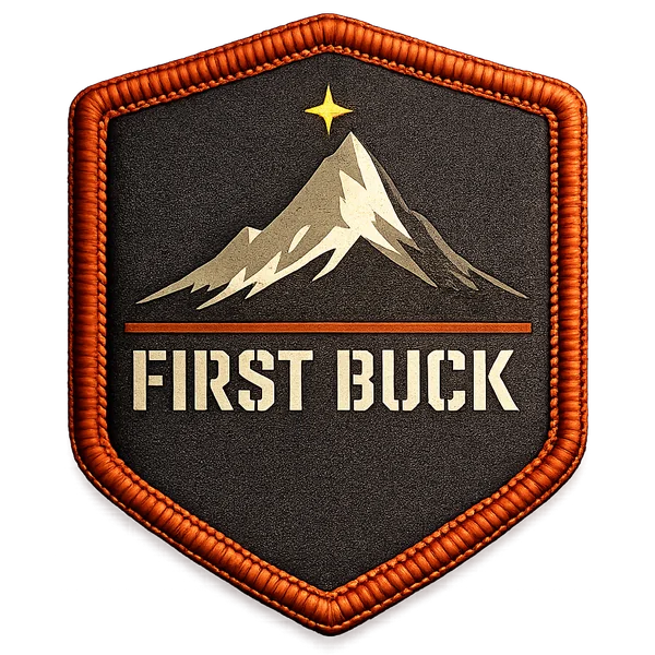First Buck patch — embroidered shield with mountain and amber star