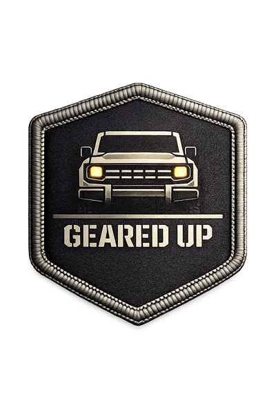 Geared Up patch — embroidered hexagon shield with off-road vehicle silhouette