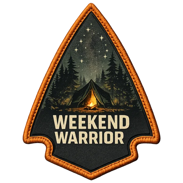 Weekend Warrior patch — embroidered shield with axe icon