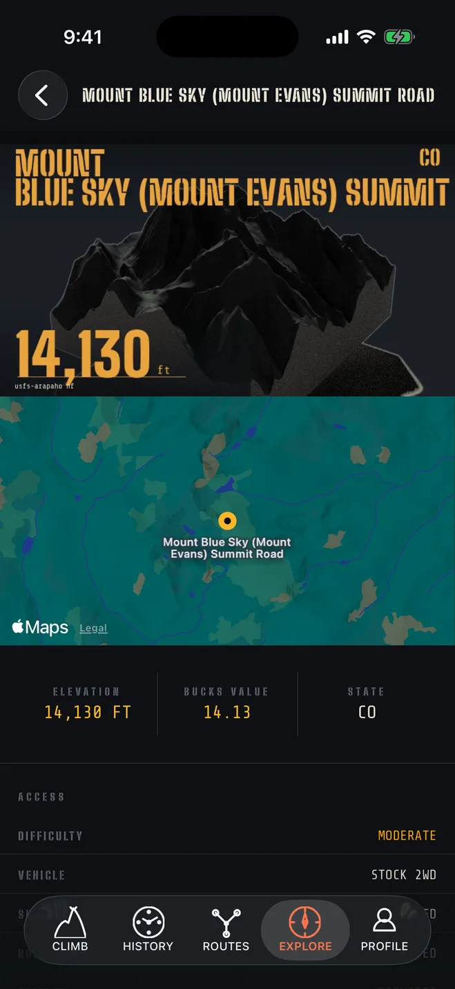 BuckUp location detail for Mount Blue Sky showing 14,130 feet elevation, topo card backdrop, and MODERATE difficulty rating