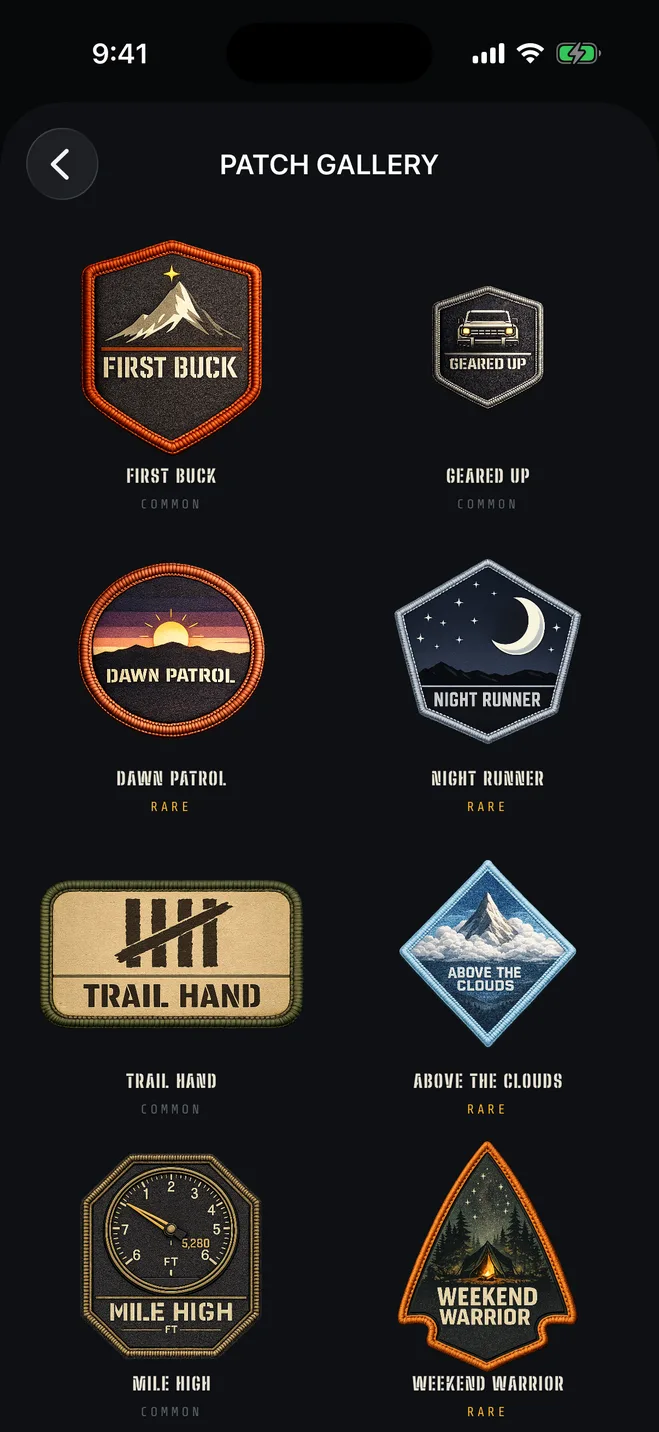 The Patch Gallery in BuckUp — FIRST BUCK, DAWN PATROL (RARE), and other achievement patches arranged in a grid with rarity tier badges