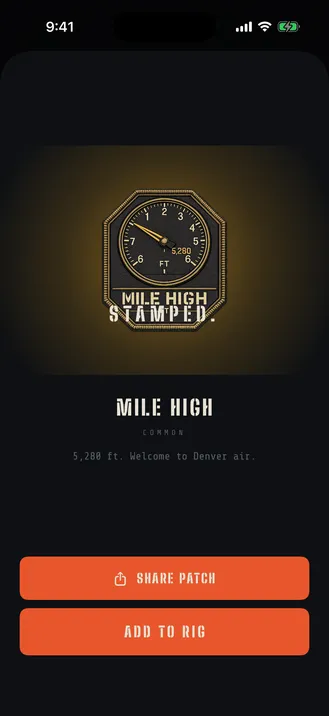 Patch Earned celebration on iPhone showing the FIRST BUCK achievement with ADD TO RIG button