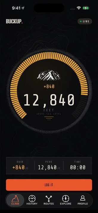BuckUp's altimeter gauge showing a live session at 12,840 feet on Black Bear Pass
