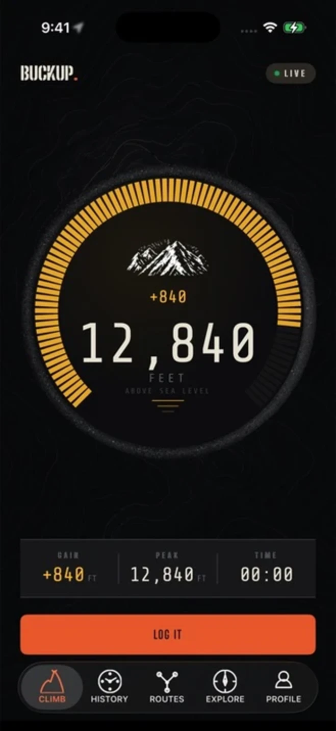 BuckUp altimeter gauge showing a live session at 12,840 feet on Black Bear Pass with the amber arc filled and LOG IT button active