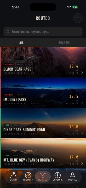 BuckUp Routes tab showing hand-curated iconic off-road passes — Black Bear Pass, Imogene Pass, Pikes Peak Summit Road, Mt. Blue Sky — with dramatic hero photography, difficulty ratings, and distance
