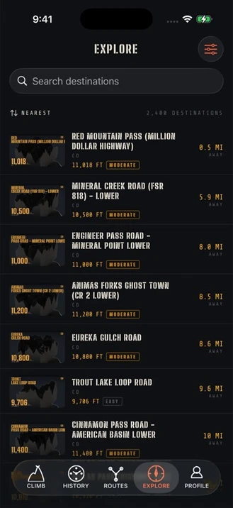 BuckUp Explore tab listing 2,400 named off-road destinations sorted by proximity to Black Bear Pass