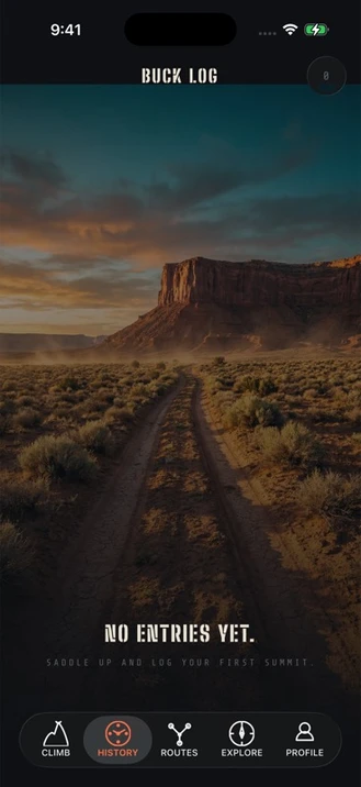 BuckUp HISTORY tab showing the Buck Log empty state with a desert road and mesa landscape