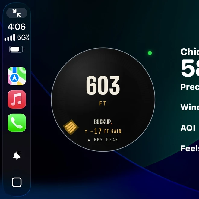BuckUp widget inside CarPlay showing the circular altitude gauge at 603 feet on the car display