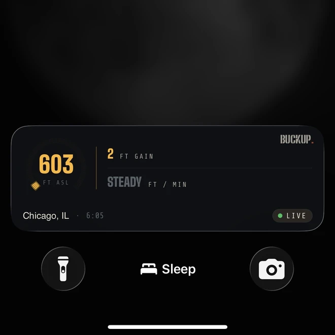 BuckUp Live Activity banner on the iPhone Lock Screen showing 603 feet ASL, gain, and rate with a green LIVE badge