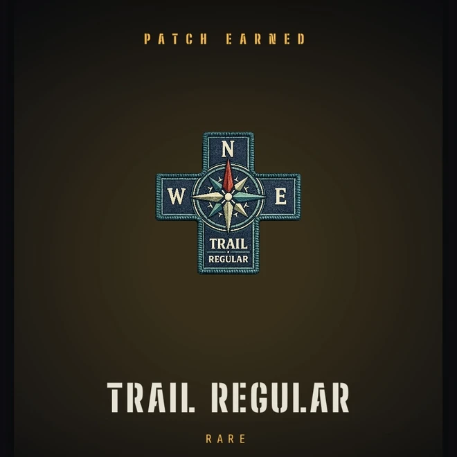BuckUp Patch Earned screen showing the Trail Regular achievement patch — a compass cross in navy and gold