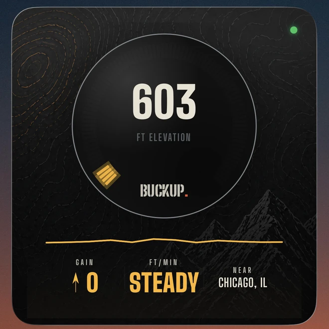 BuckUp large Home Screen widget showing 603 feet elevation with gain, rate, and location stats